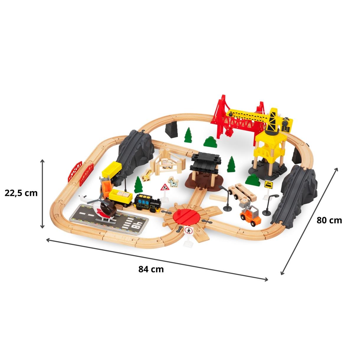 Puidust raudtee, akuga rong - Linn: rööpad, autod, sild, lennujaam
