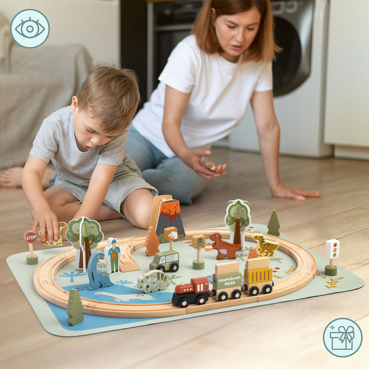 Dino Park puidust rong libisemisvastase matiga - dinosaurused, rong, rööpad, vulkaan, kell