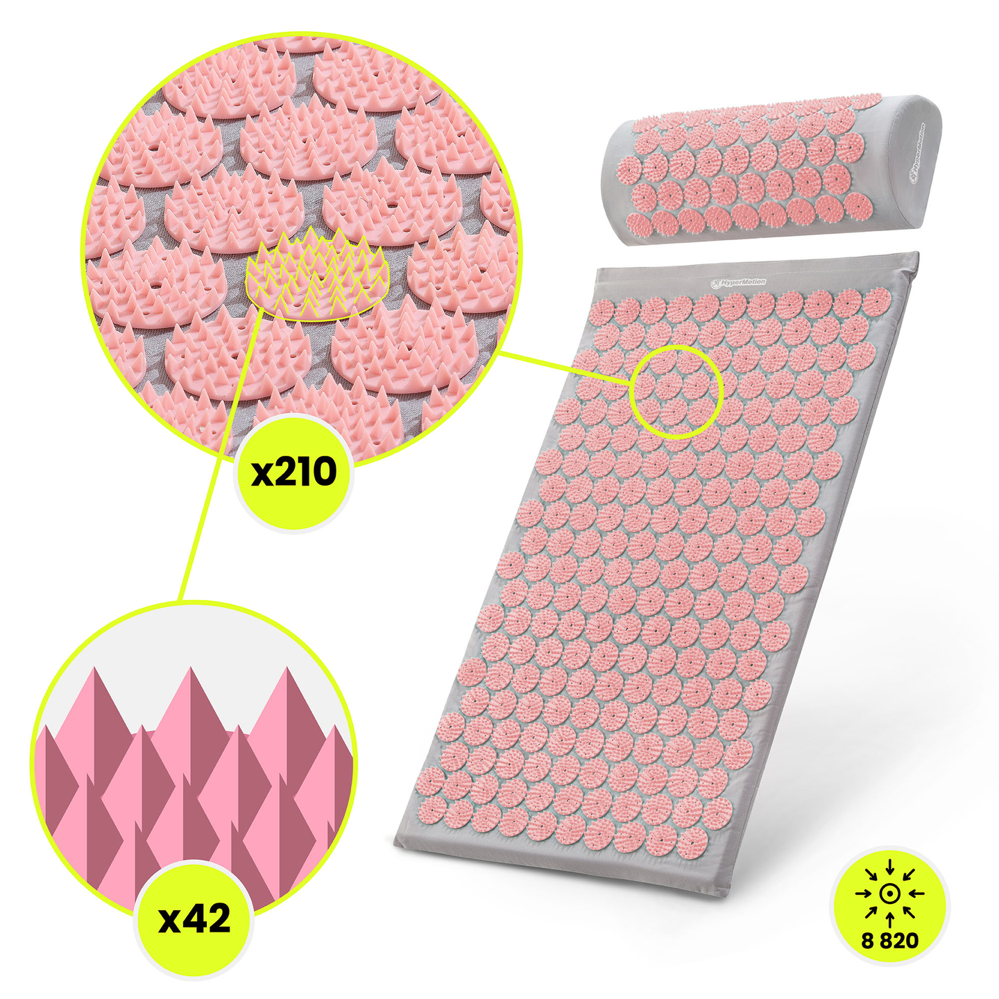 Akupressuurmatt padja ja kattega - 72 cm HyperMotion hall ja roosa