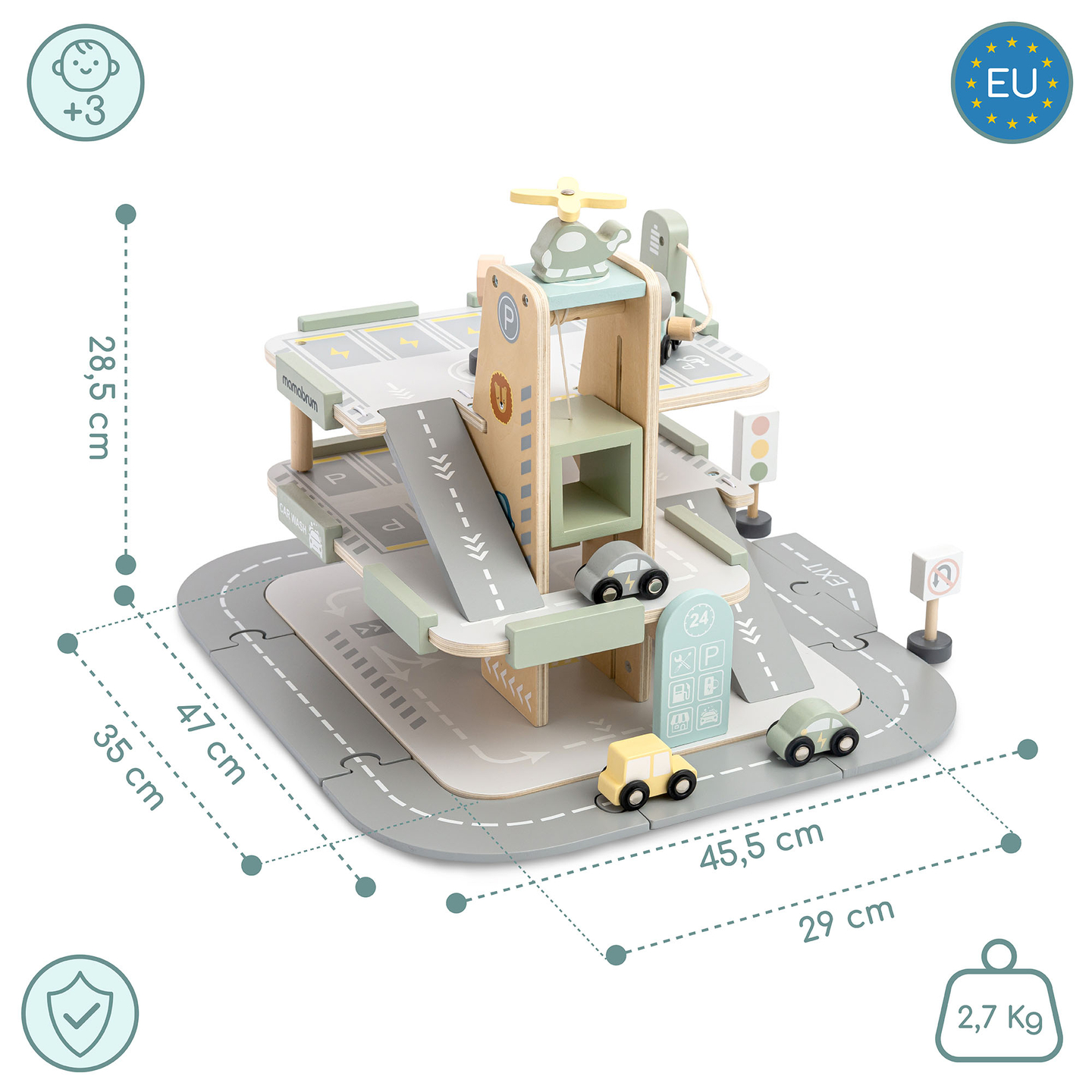 Puidust kolmekorruseline lastega garaaž koos lisatarvikutega – parkla, bensiinijaam, autopesula, helikopter