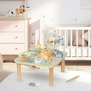 Puidust õpetlik 7-ühes muusikalaud taldrikute ja gongiga – metsik džungel