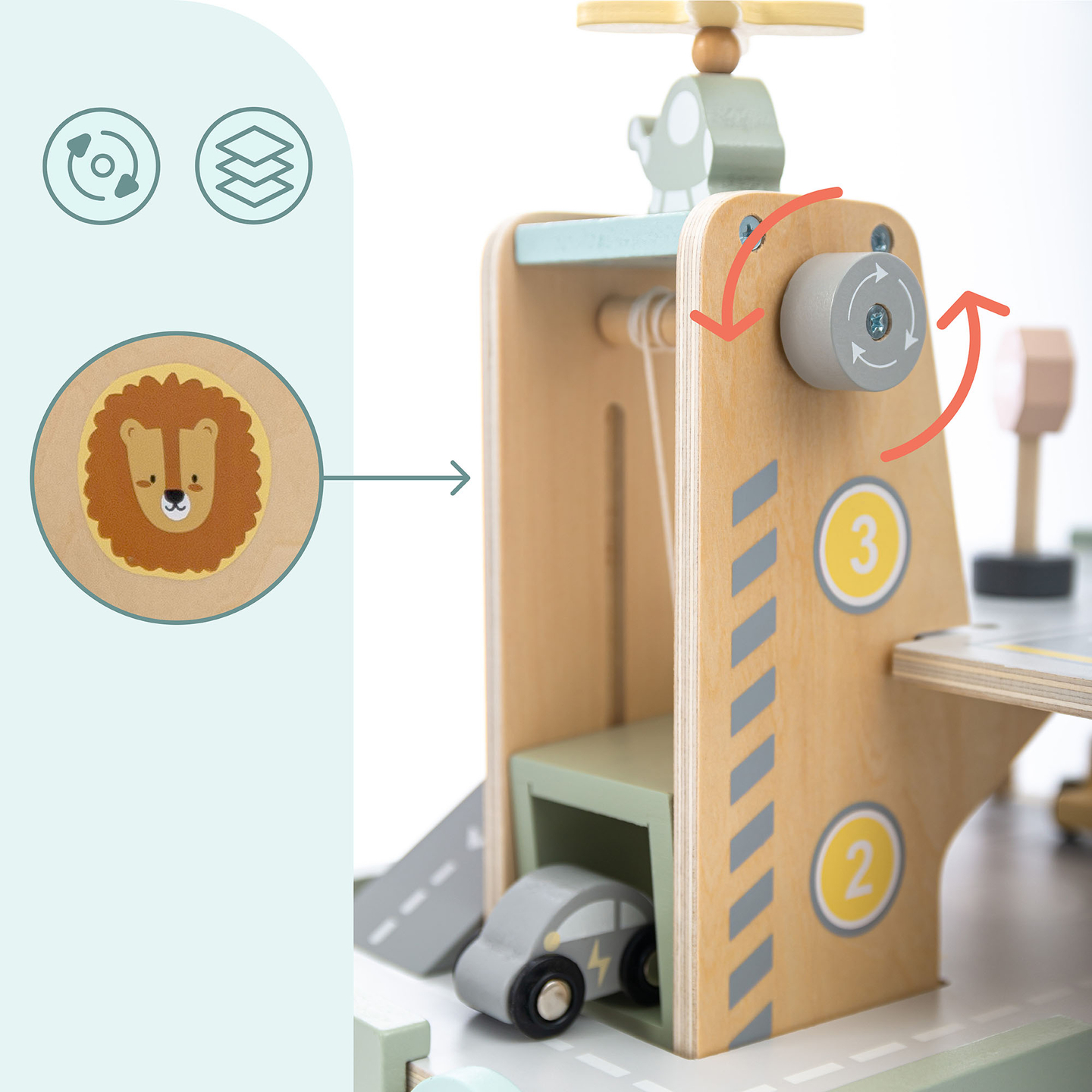 Puidust kolmekorruseline lastega garaaž koos lisatarvikutega – parkla, bensiinijaam, autopesula, helikopter