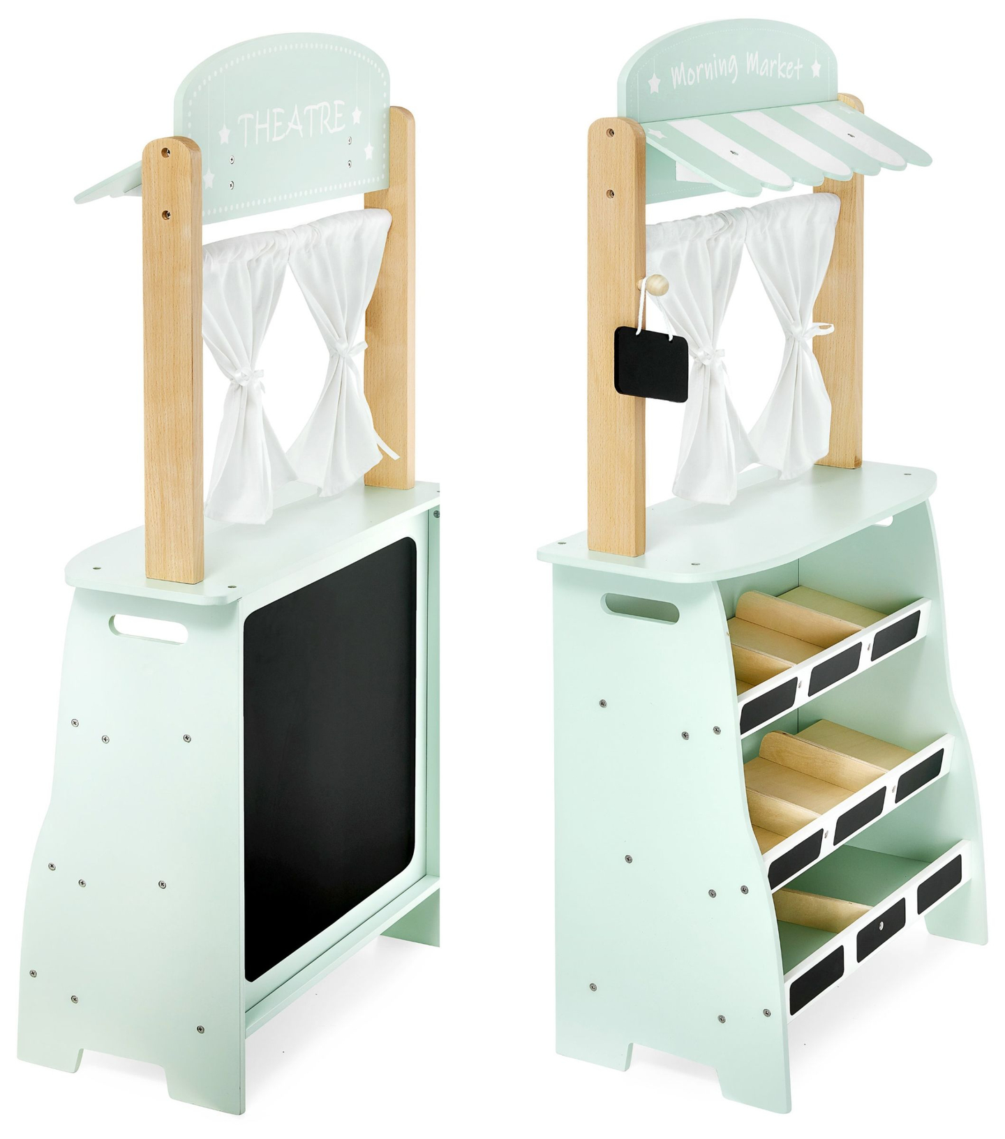 Suur puust kauplus - kiosk ja teater 2 in 1 koos kaaluga, makseterminal, puu- ja köögiviljadega