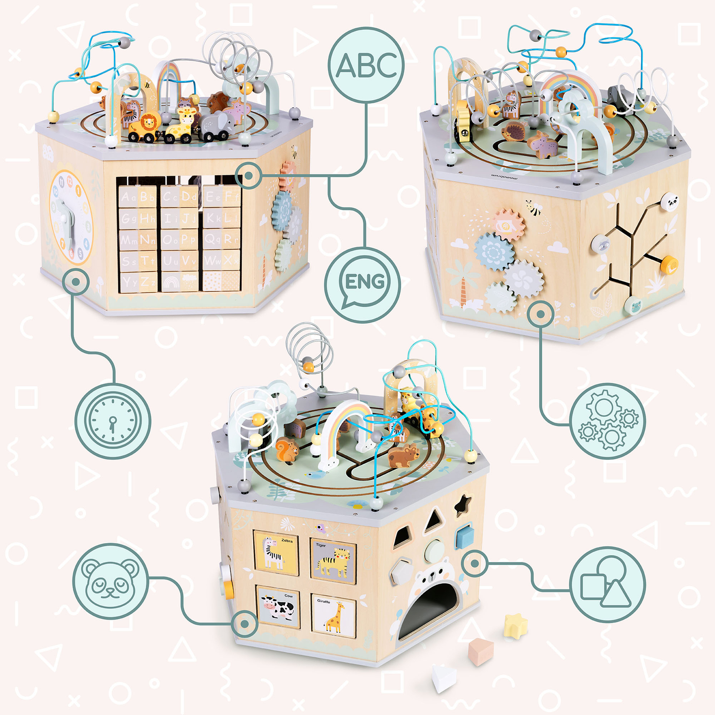 Suur puidust õppekuubik - Montessori mänguasi magnetilise rongi ja motoorikasilmustega