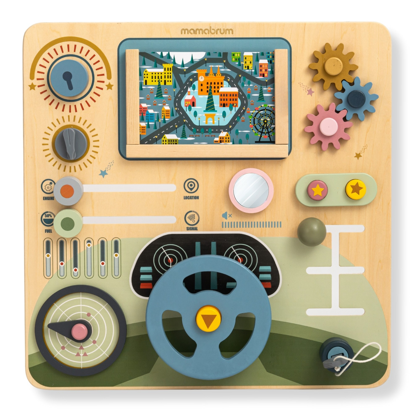 Puidust Montessori laud 2-ühes kokpit väikesele juhile ja piloodile – rool, käigukang, reisikaardid, radar