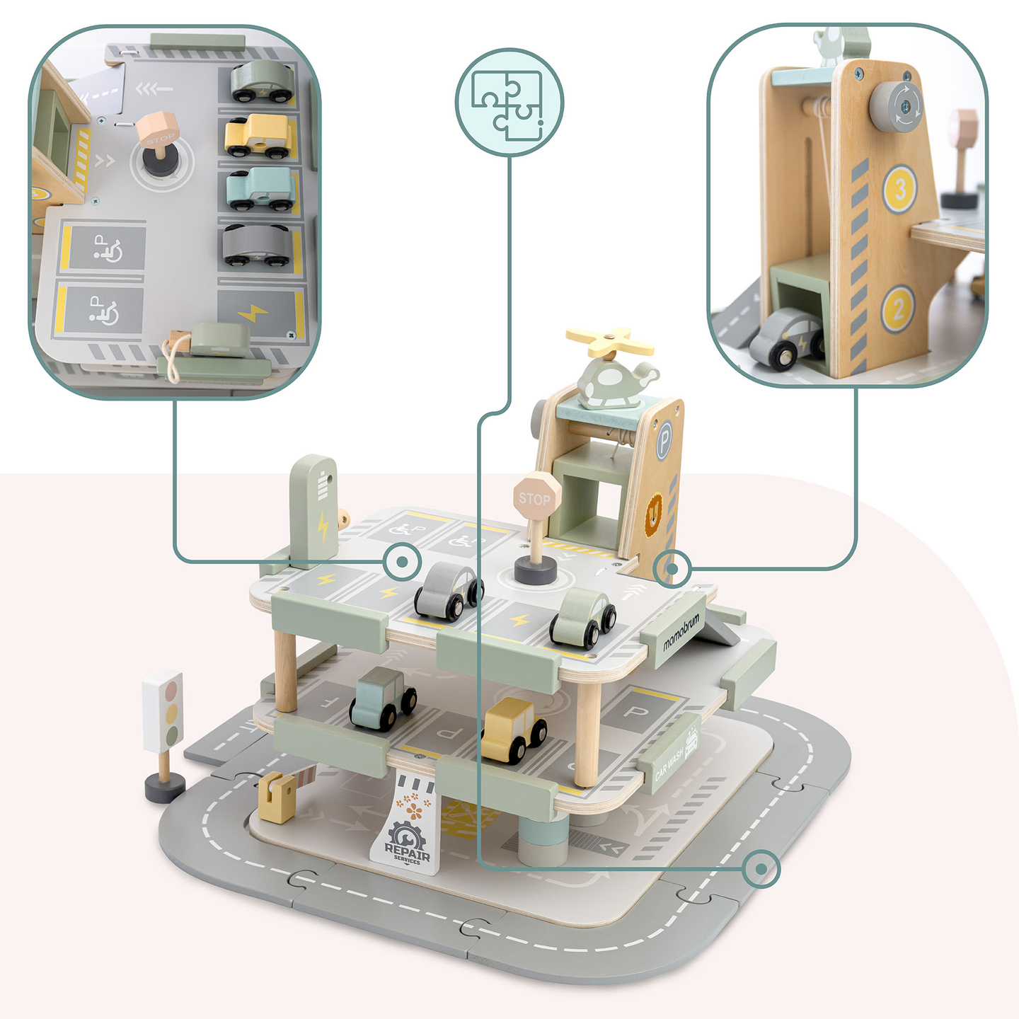 Puidust kolmekorruseline lastega garaaž koos lisatarvikutega – parkla, bensiinijaam, autopesula, helikopter