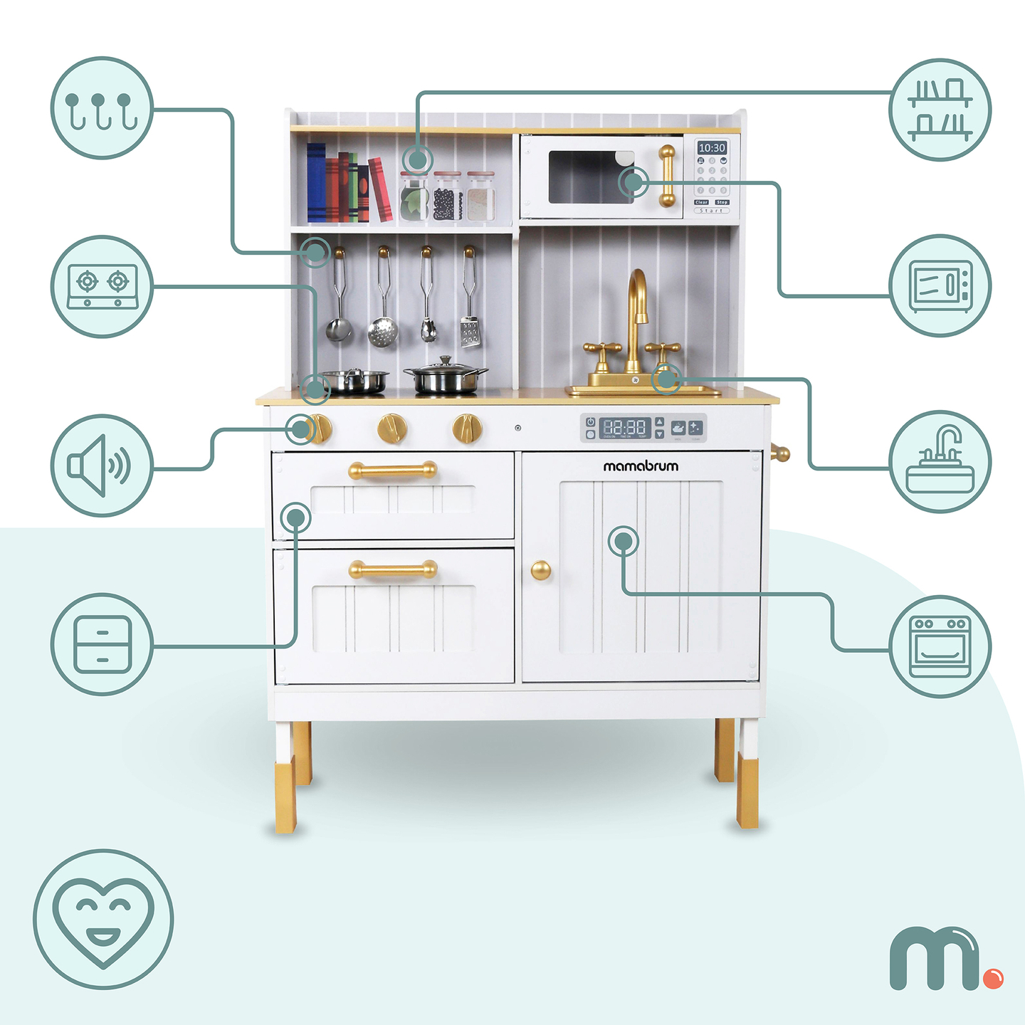 Puidust valge köök koos aksessuaaride ja esiplaaniga