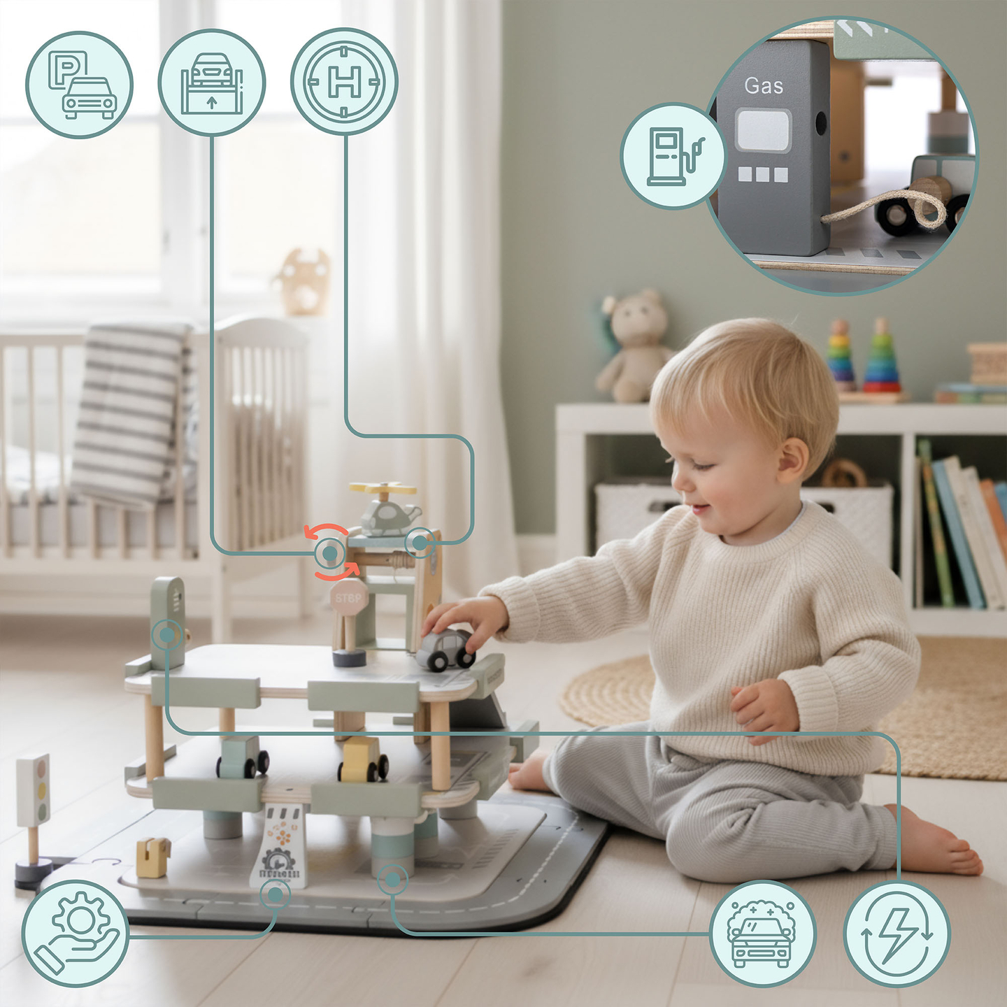 Puidust kolmekorruseline lastega garaaž koos lisatarvikutega – parkla, bensiinijaam, autopesula, helikopter