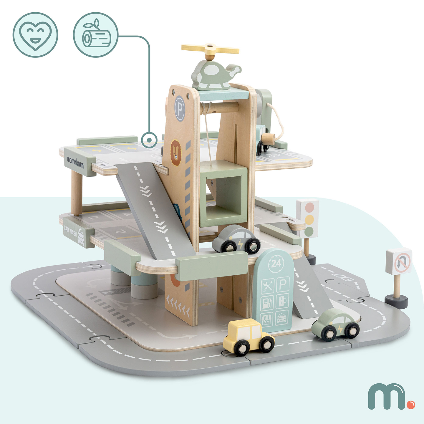 Puidust kolmekorruseline lastega garaaž koos lisatarvikutega – parkla, bensiinijaam, autopesula, helikopter