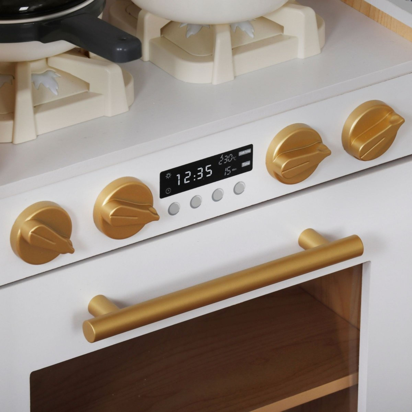 XXXXL suur puidust interaktiivne köök LED-valgustusega, pesumasin, mikrolaineahi, kohvimasin ning puu- ja köögiviljakomplekt - 50 elementi