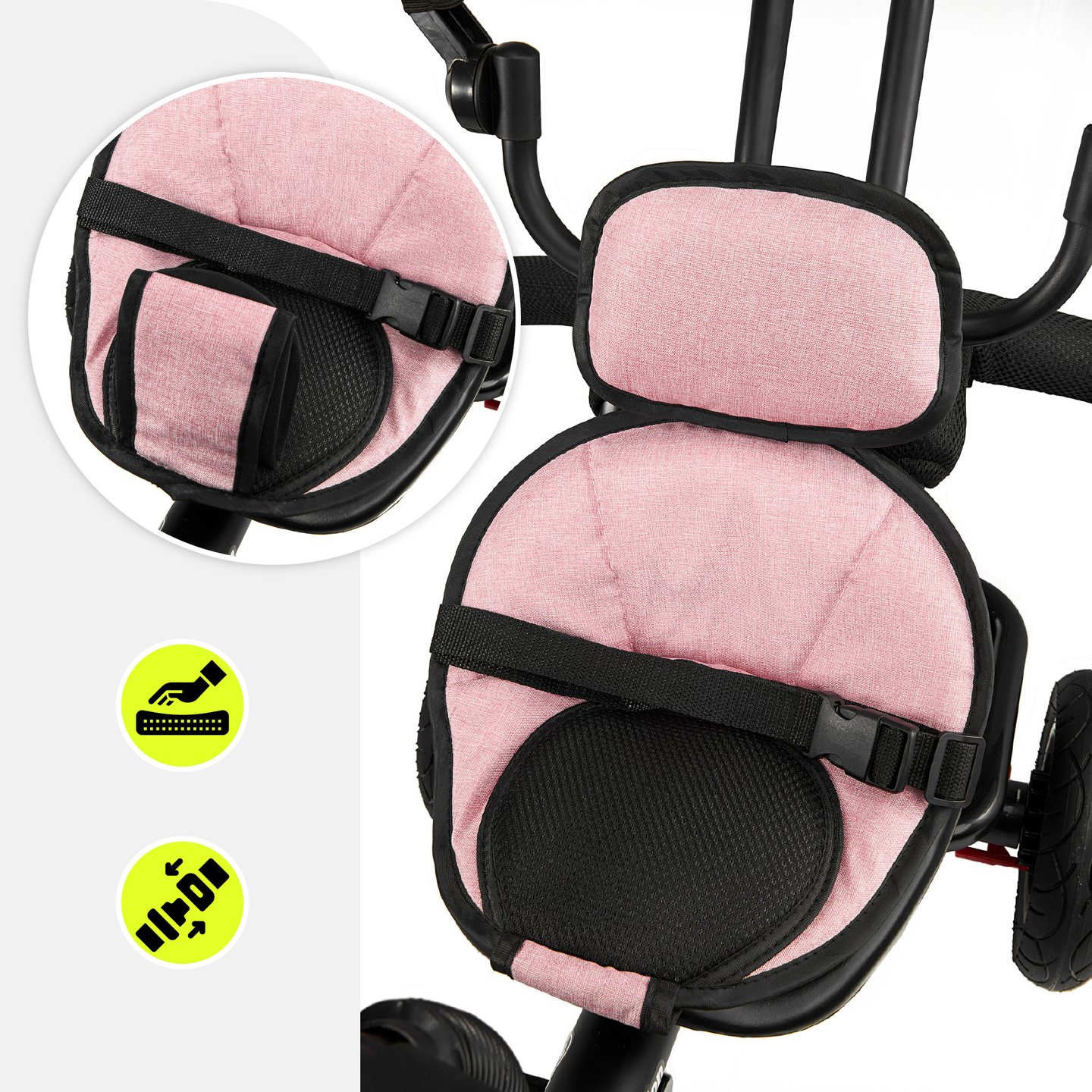 Kolmerattaline jalgratas lastele 1-4 aastat - TOBI FREY - roosa värv - pöörlev - pumbatavad rattad + tõukur