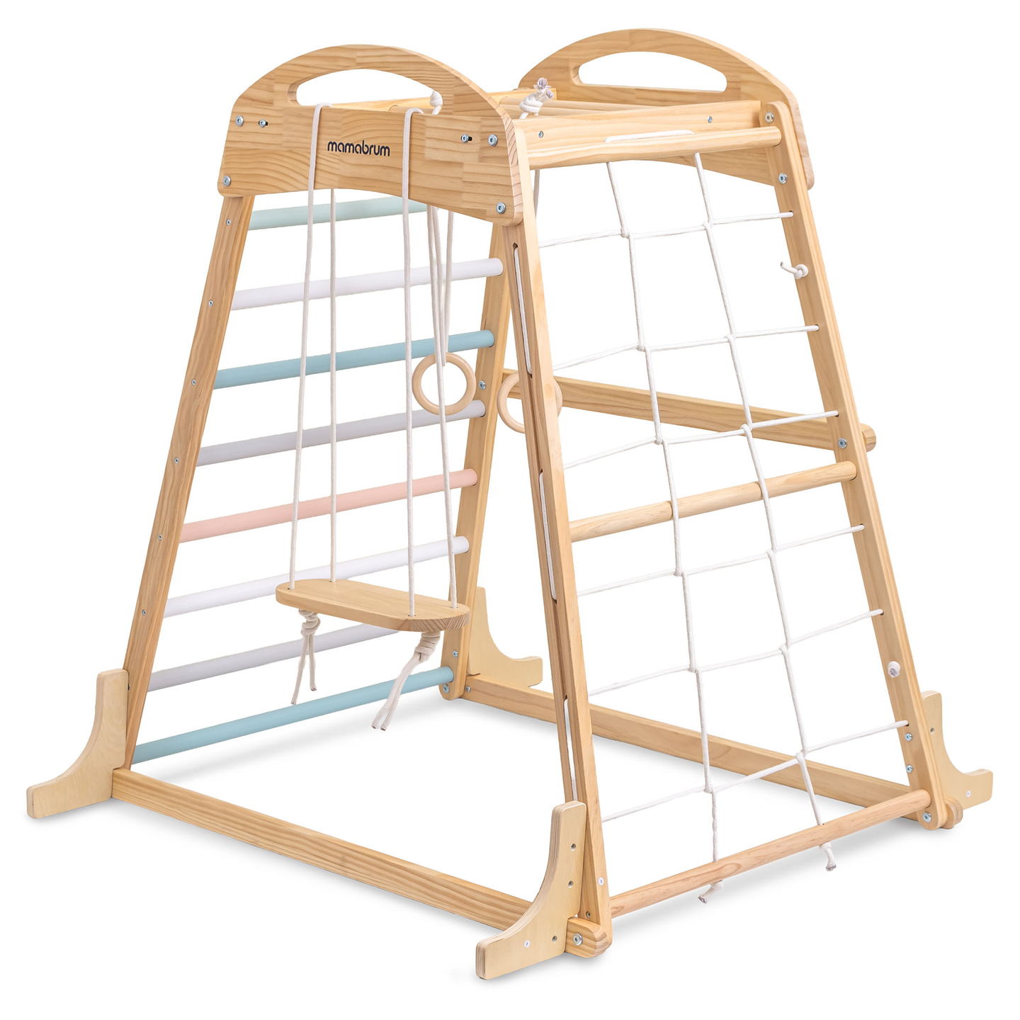 Puidust sisemänguväljak kiige, võimlemisrõngaste ja ronimisvõrguga