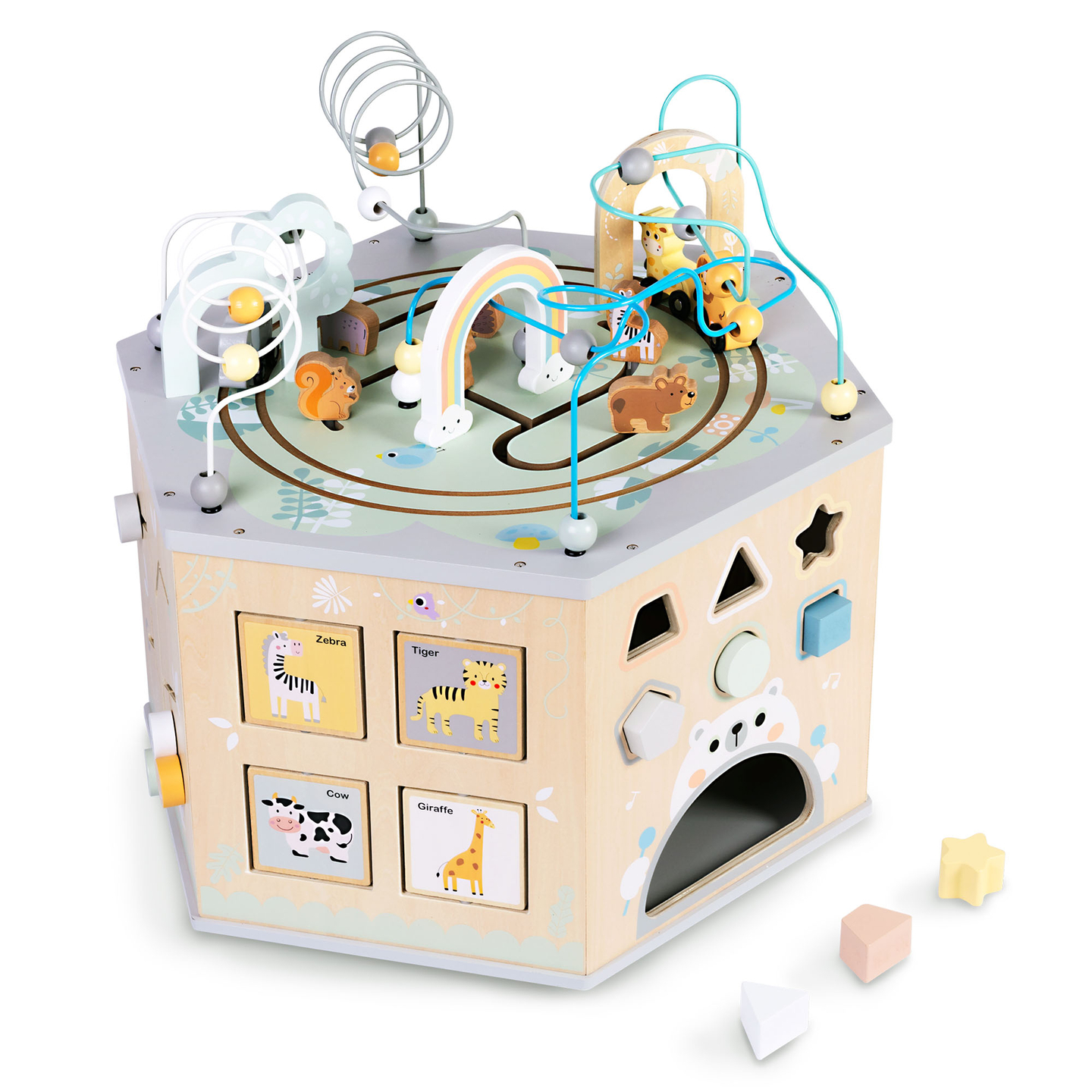 Suur puidust õppekuubik - Montessori mänguasi magnetilise rongi ja motoorikasilmustega