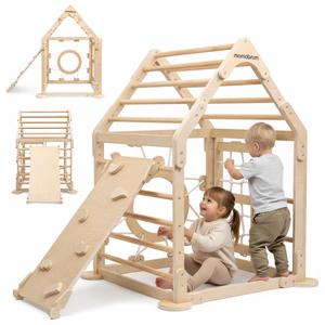 Puidust sisemänguväljak lastele - maja redelitega ja liumäega
