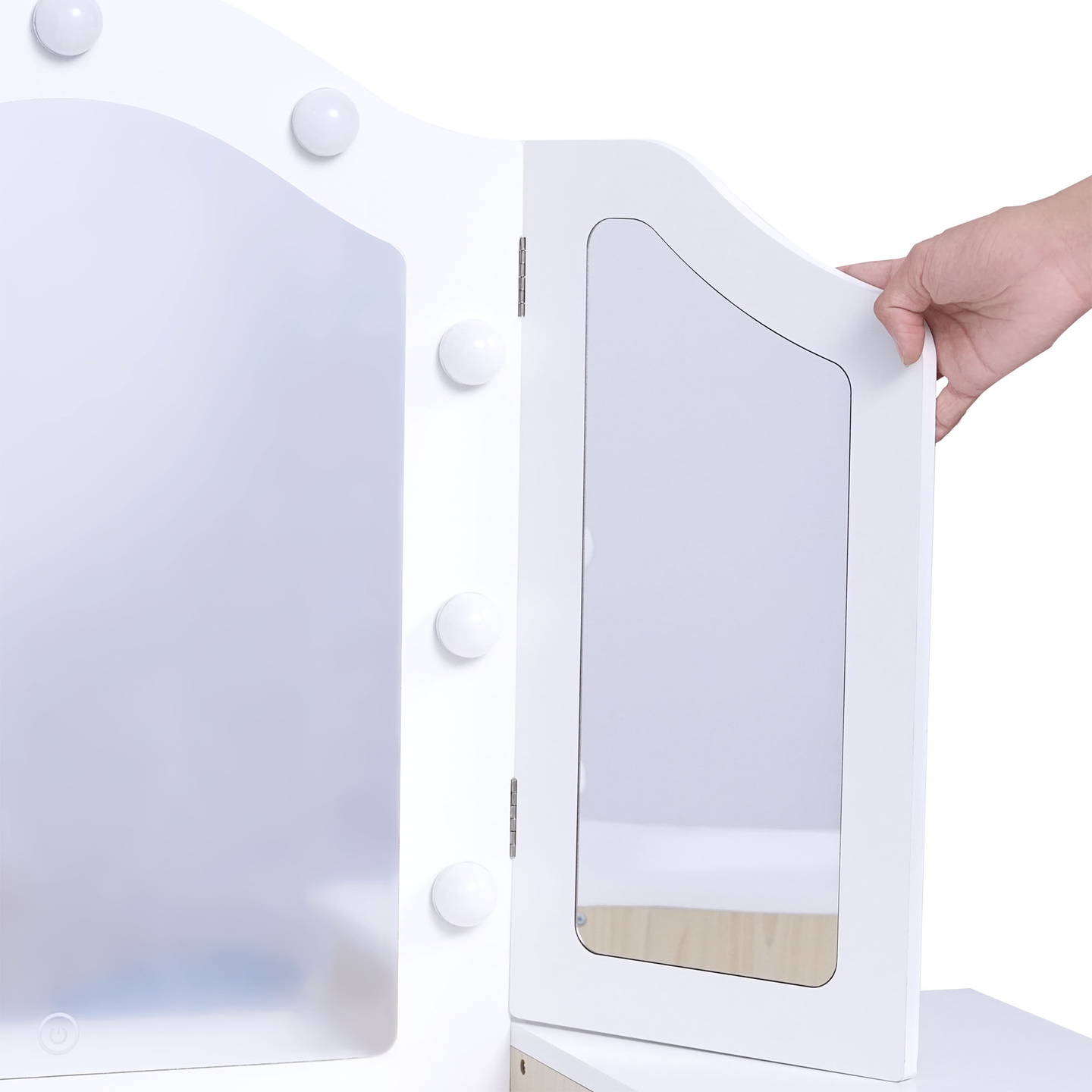 Puidust laste riietuslaud koos tooli, tarvikute ja LED-valgustusega