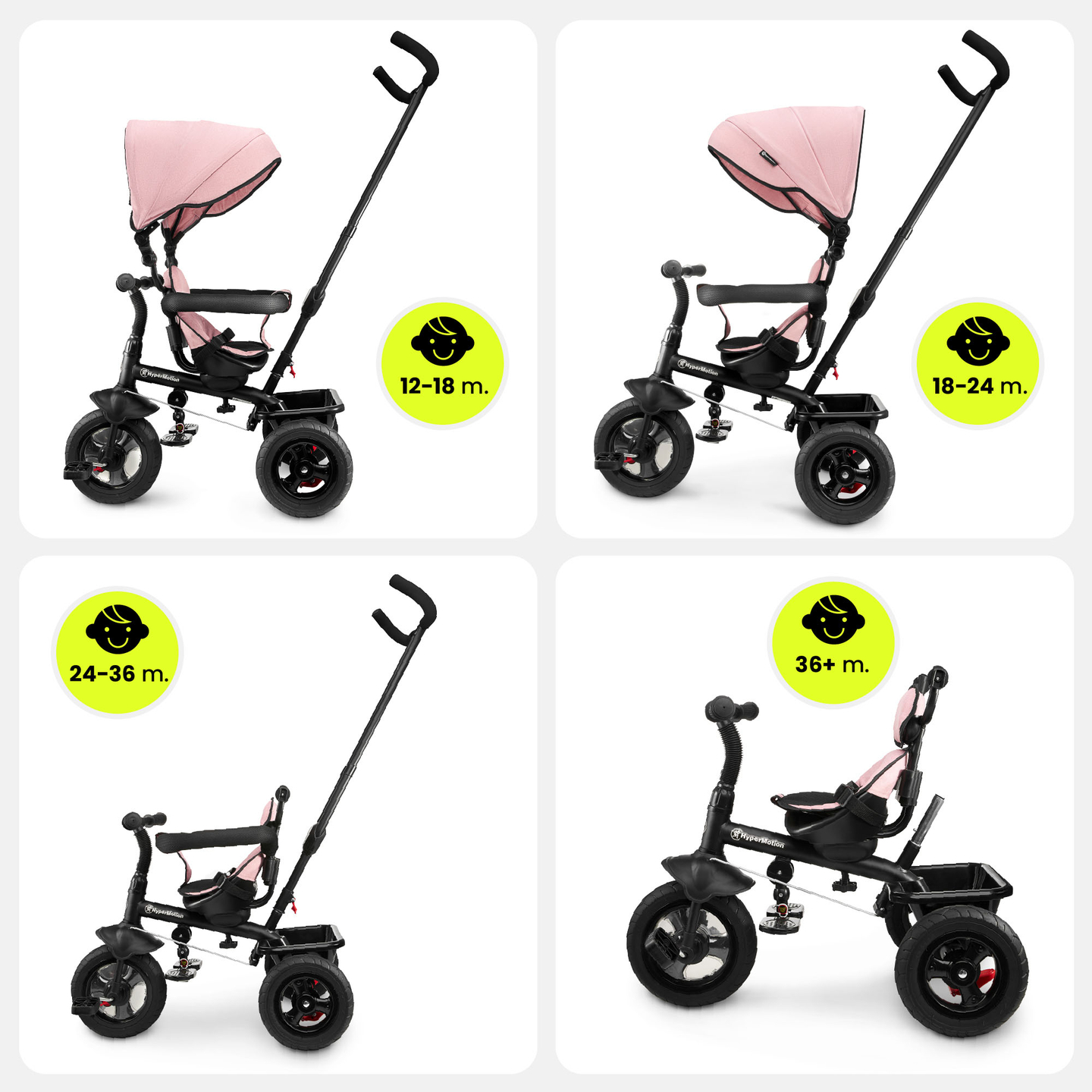 Kolmerattaline jalgratas lastele 1-4 aastat - TOBI FREY - roosa värv - pöörlev - pumbatavad rattad + tõukur