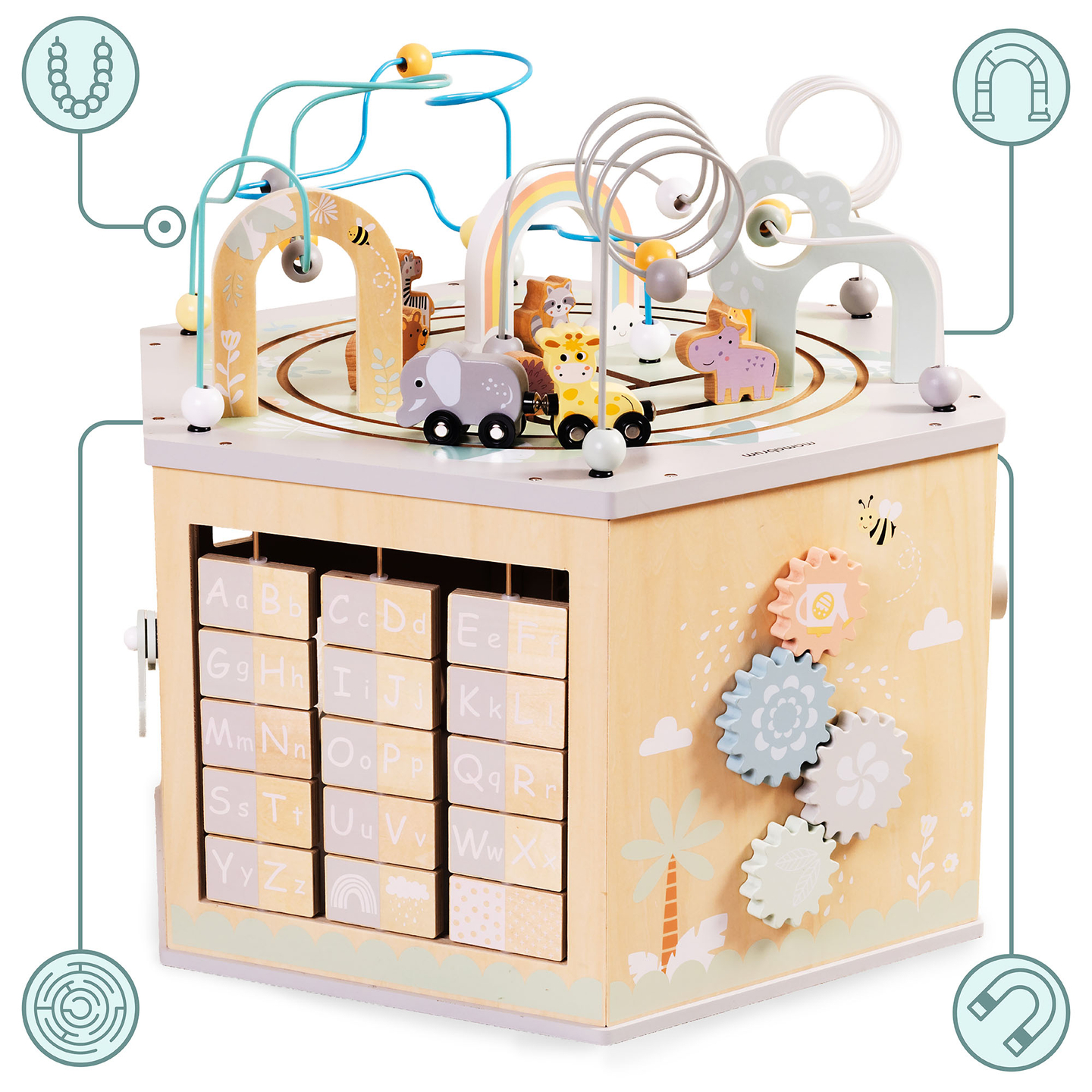 Suur puidust õppekuubik - Montessori mänguasi magnetilise rongi ja motoorikasilmustega