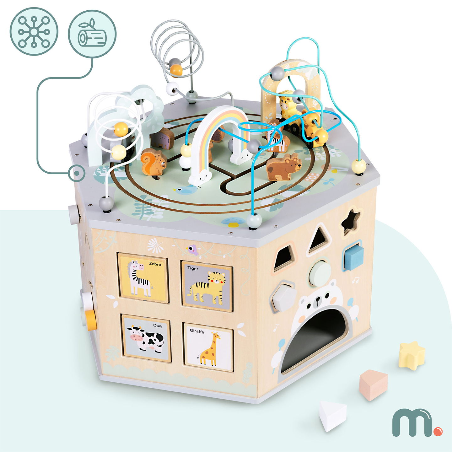 Suur puidust õppekuubik - Montessori mänguasi magnetilise rongi ja motoorikasilmustega