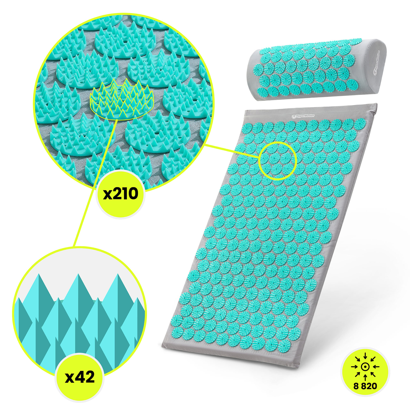 Akupressuurmatt padja ja kattega - 72 cm HyperMotion hall-münt