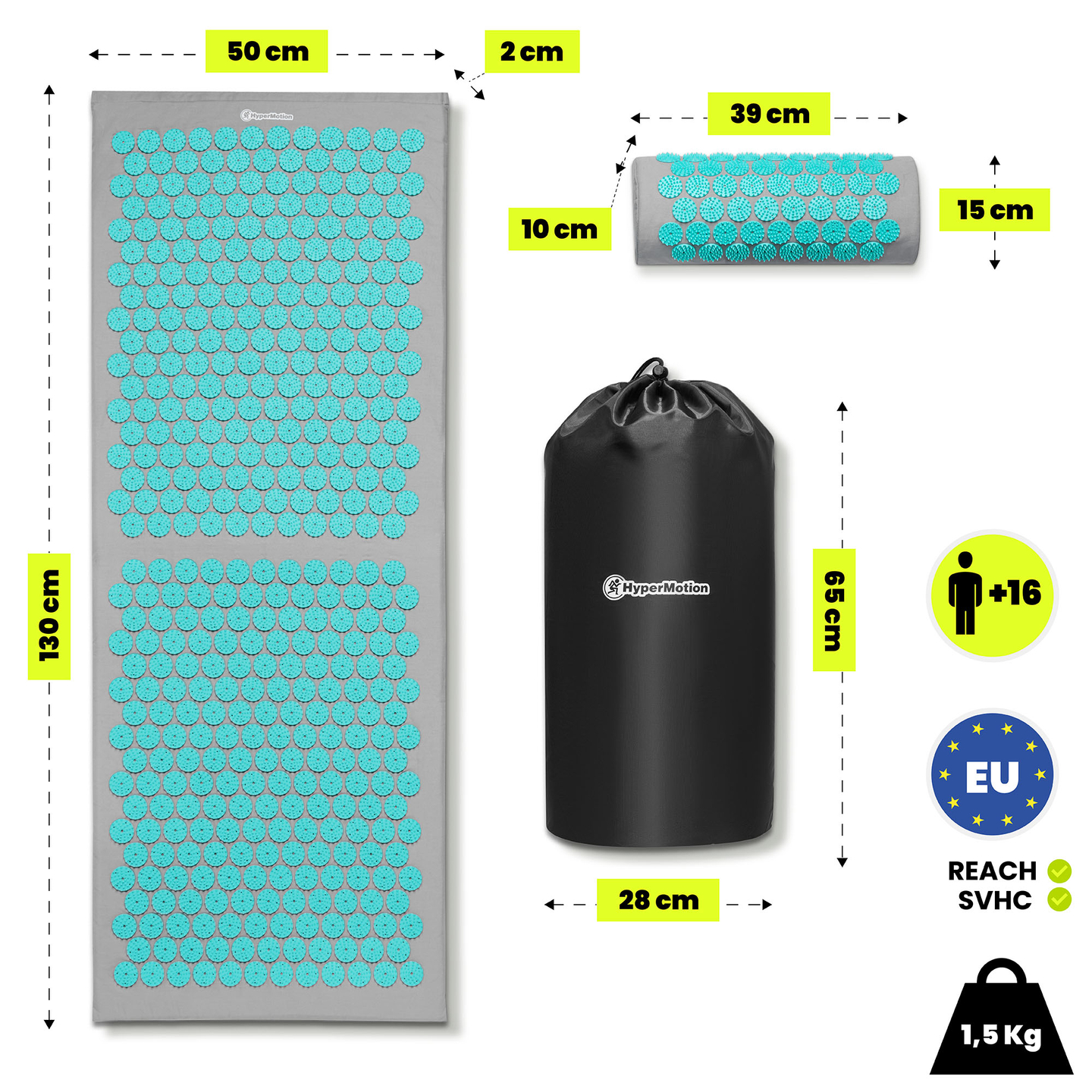 Suur nõelravimatt padja ja kattega - 130 cm HyperMotion hall-mündiroheline