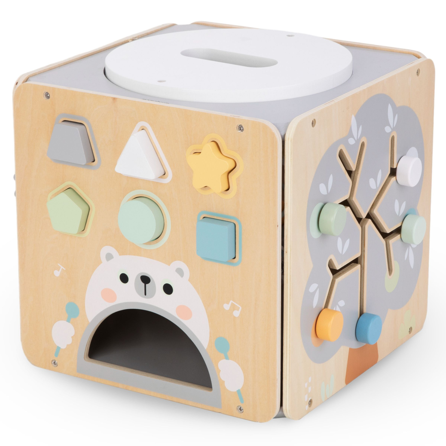 Suur puidust tegevuskuubik koos aasaga - Montessori