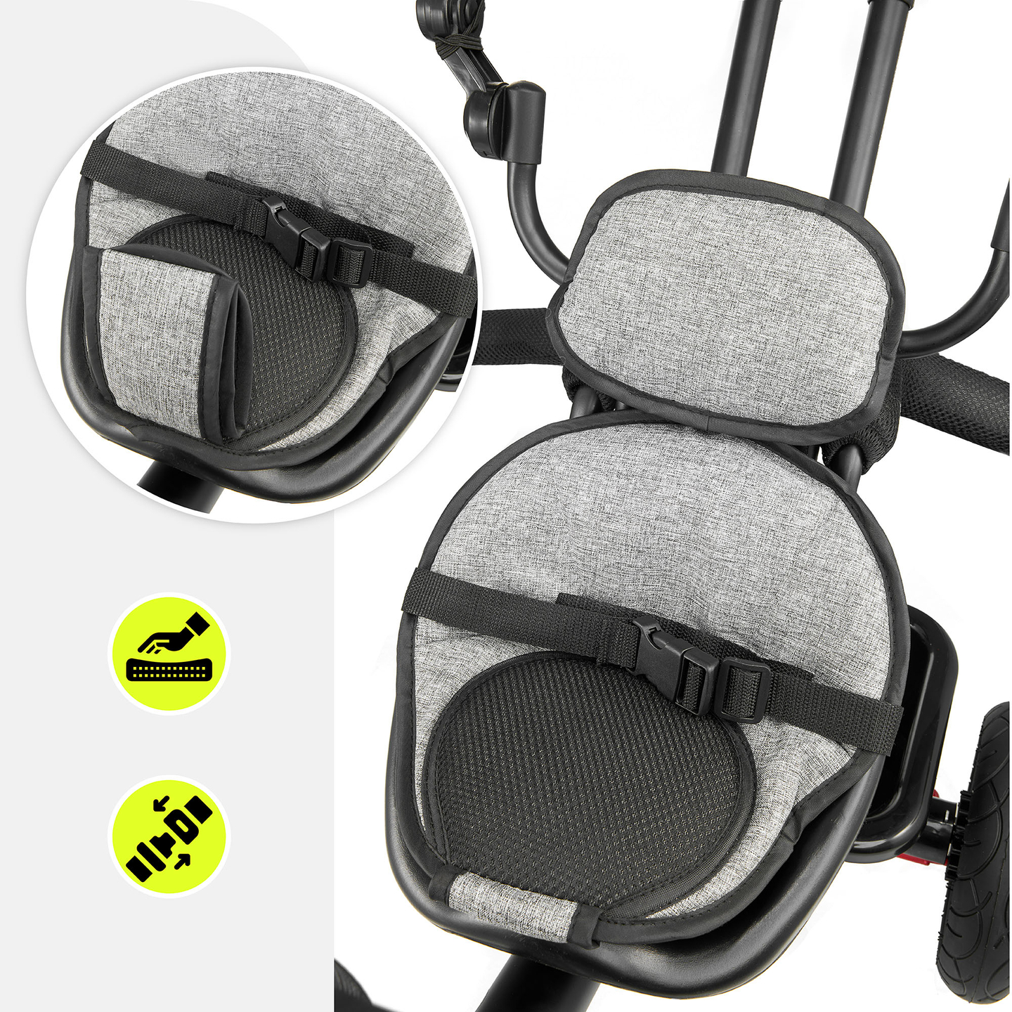 Kolmerattaline jalgratas lastele 1-4 aastat - TOBI FREY - hall värv - pöörlev - pumbatavad rattad + tõukeratas