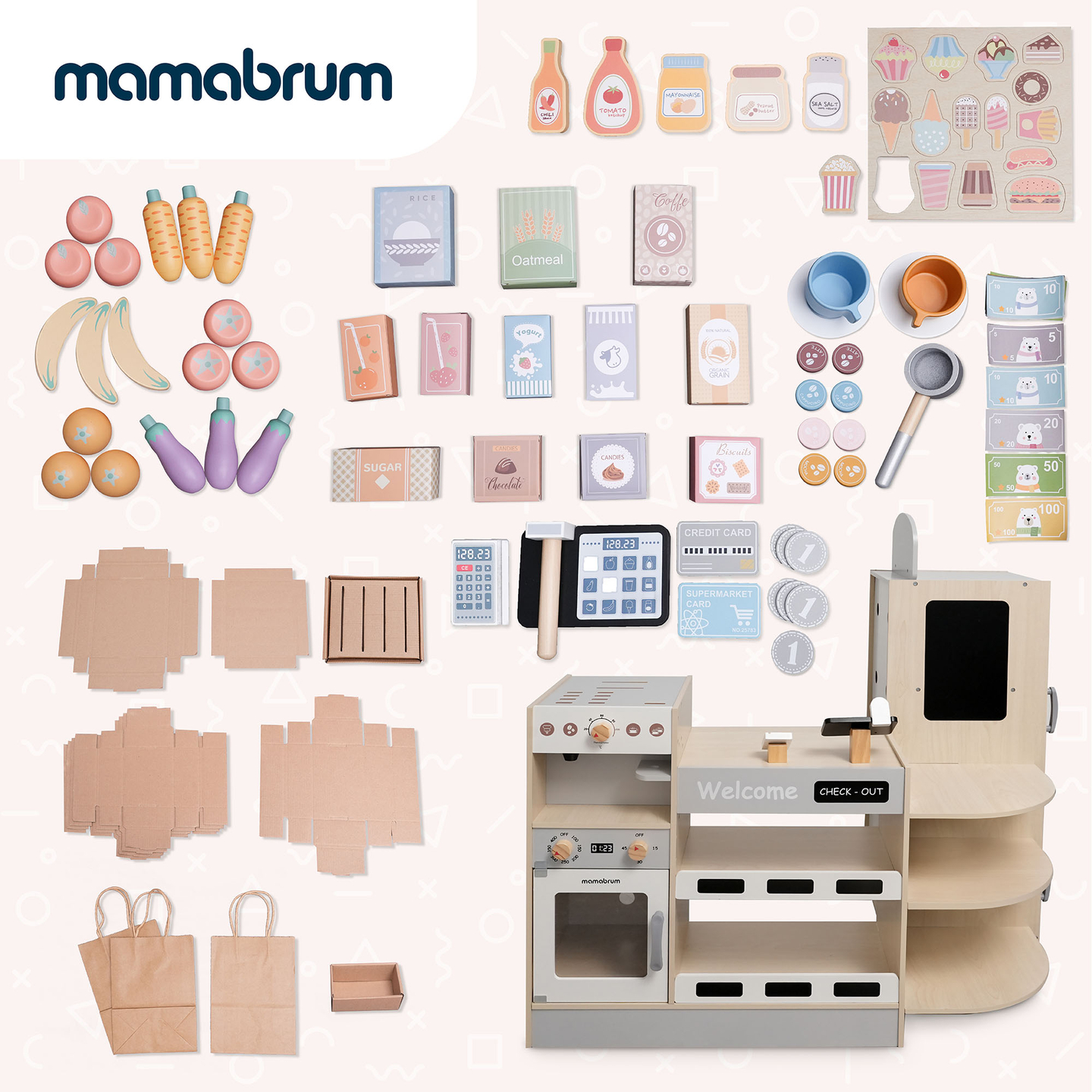 Suur puidust XXXL kauplus lastele koos kiirtoidubaariga - Nurgapood + kohvimasin + ahju + külmik - 106 ac.