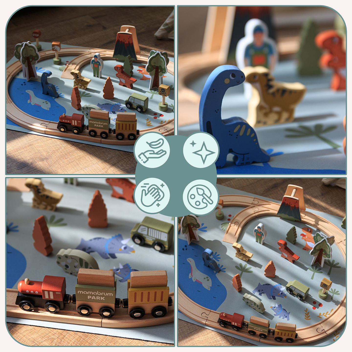 Dino Park puidust rong libisemisvastase matiga - dinosaurused, rong, rööpad, vulkaan, kell