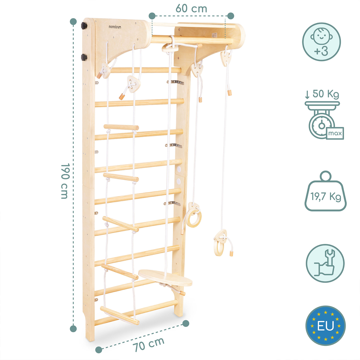 Puidust võimlemisredel lastele koos lisatarvikutega - taldrikukiik, võimlemisrõngad ja köisredel
