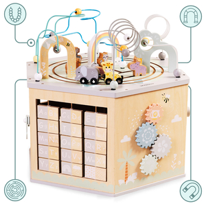 Suur puidust õppekuubik - Montessori mänguasi magnetilise rongi ja motoorikasilmustega