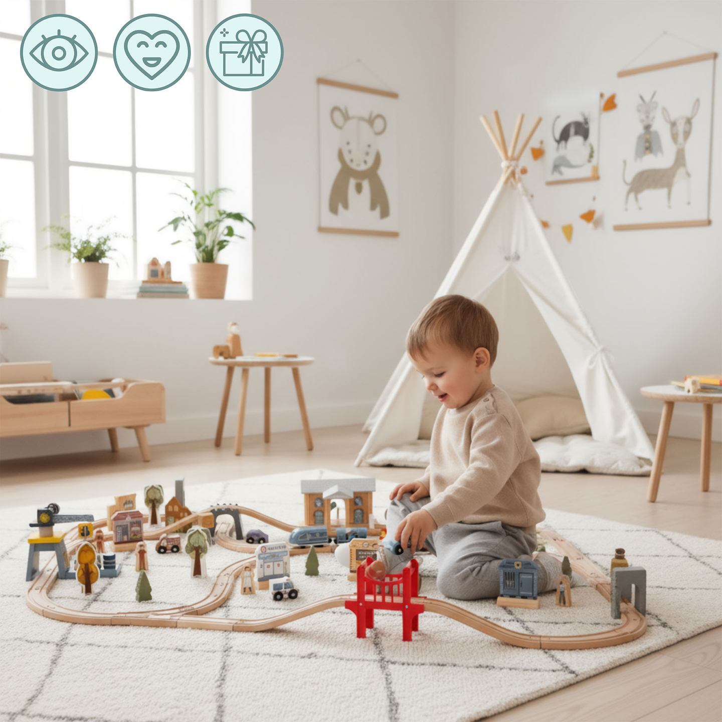 Puidust linnaraudtee elektrirongiga - liikuv kraana, laev, sillad