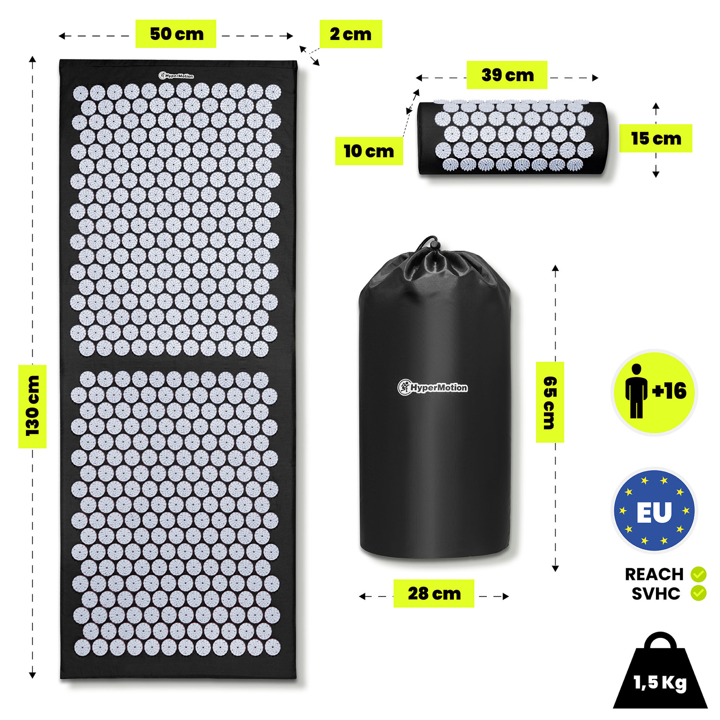 Suur nõelravimatt padja ja kattega - 130 cm HyperMotion mustvalge