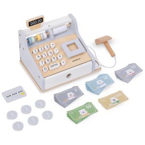 Puidust kassaaparaat koos tarvikutega