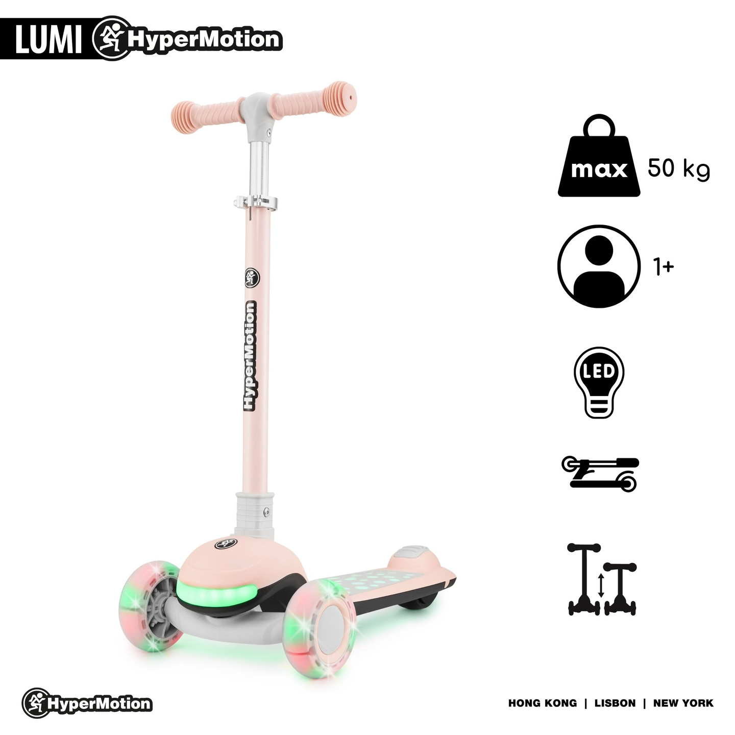 HyperMotion LUMI 3-in-1 tasakaaluroller - valgustatud platvorm ja LED-rattad, värv roosa