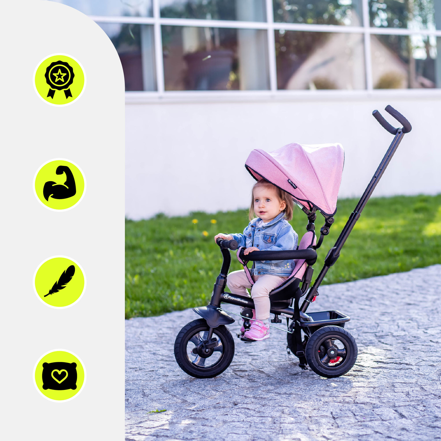 Kolmerattaline jalgratas lastele 1-4 aastat - TOBI FREY - roosa värv - pöörlev - pumbatavad rattad + tõukur