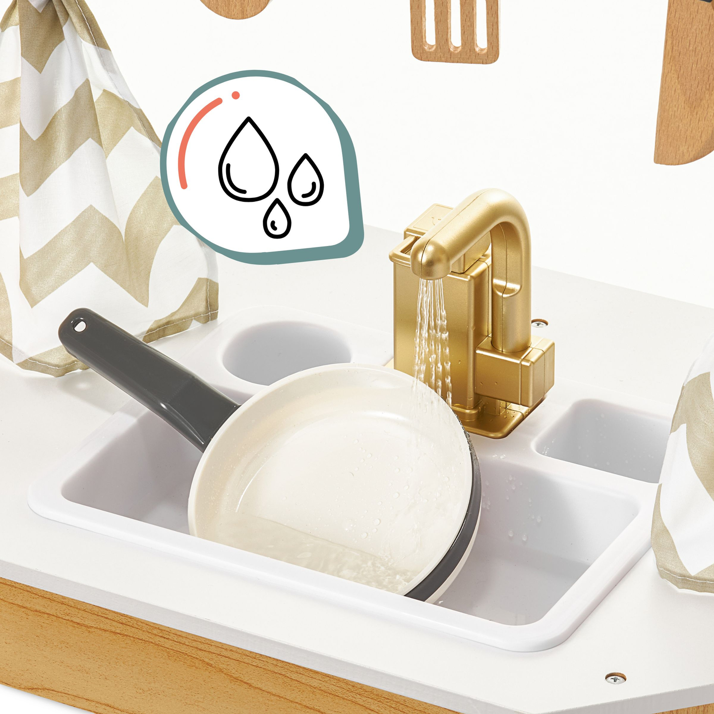 XXXXL suur puidust interaktiivne köök LED-valgustusega, pesumasin, mikrolaineahi, kohvimasin ning puu- ja köögiviljakomplekt - 50 elementi