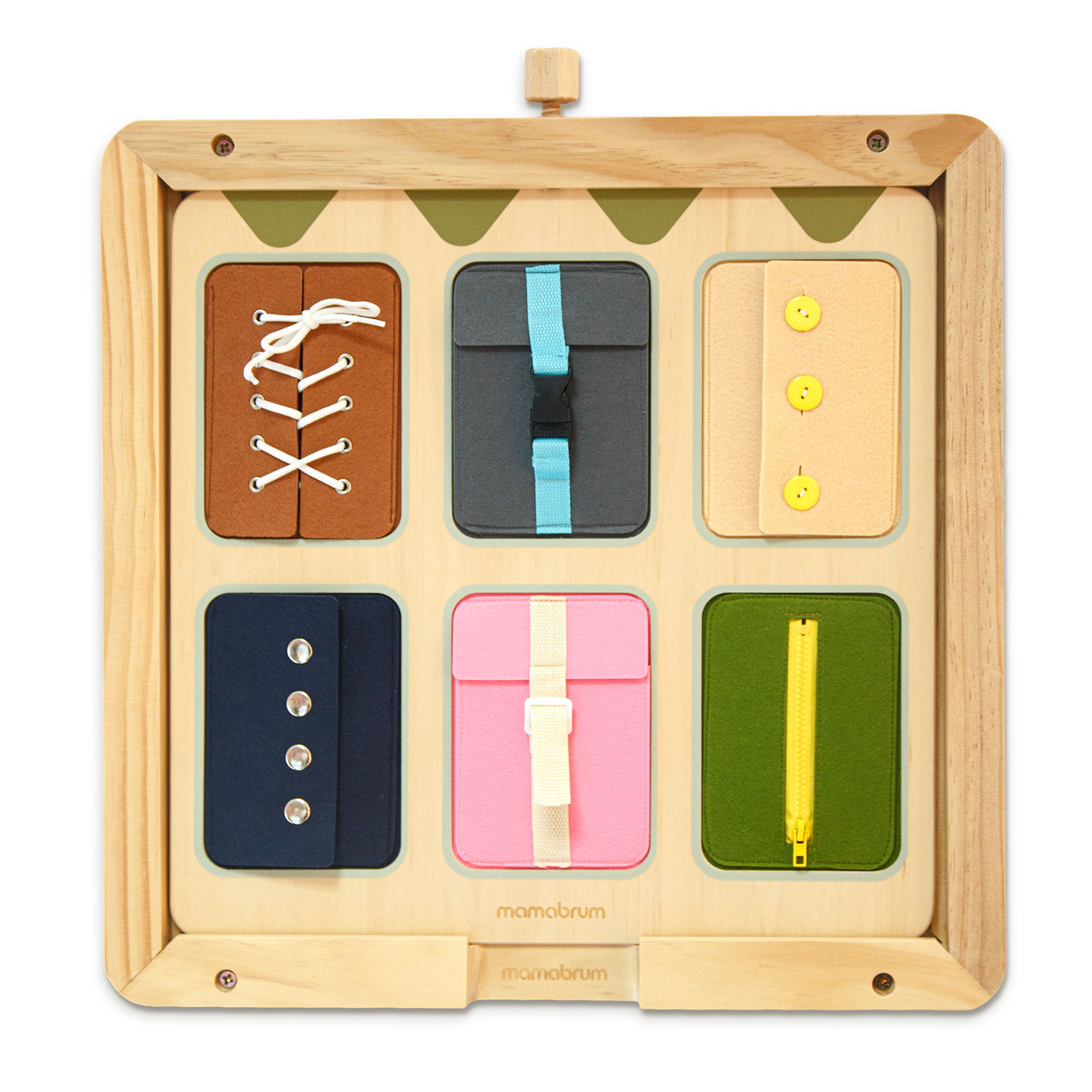 Puidust Montessori manipulatiivlaud – sensoorne iseseisvuse õppimine - paelad, pandlad, nööbid, trukid, lukk