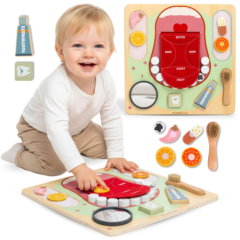 Puidust Montessori õppelaud Väike hambaarst - hambahari, hambapasta, eemaldatavad hambad, peegel, toit, õppimismaitsed