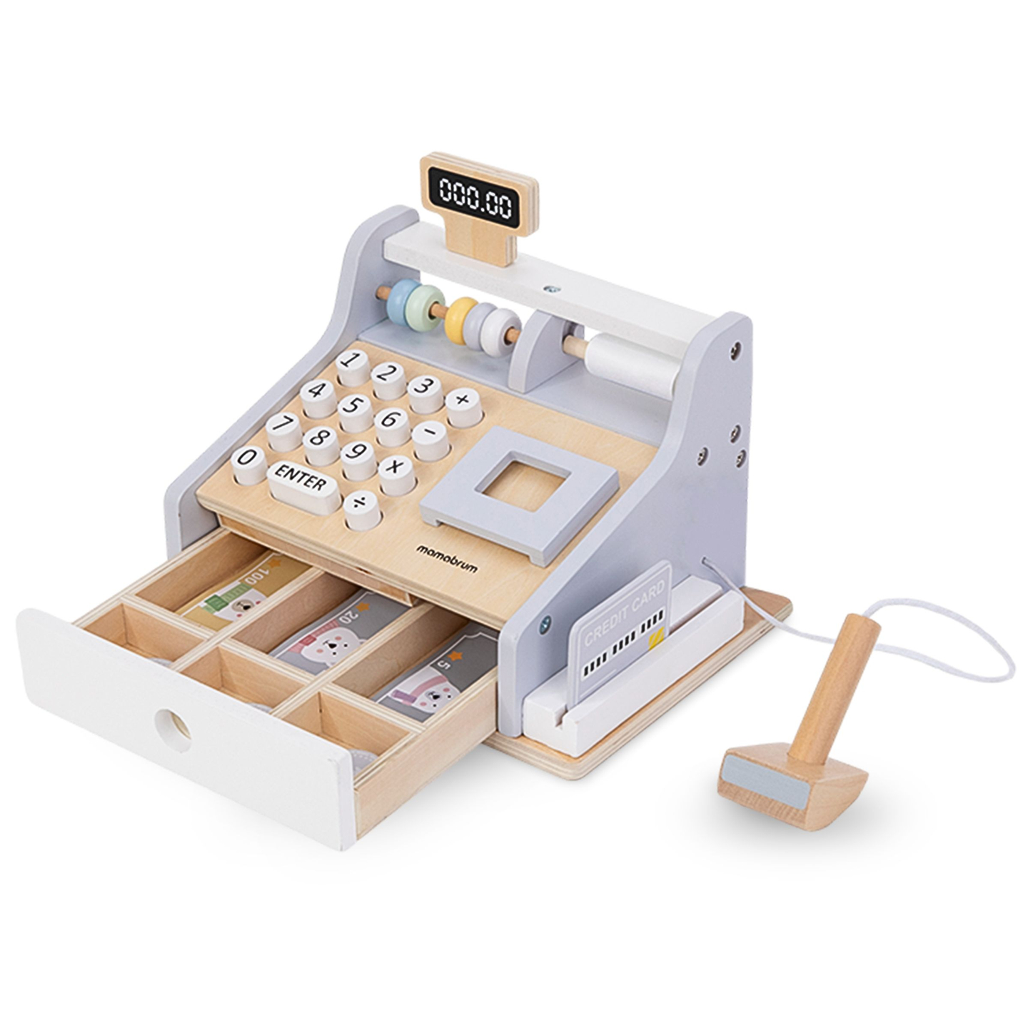 Puidust kassaaparaat koos tarvikutega