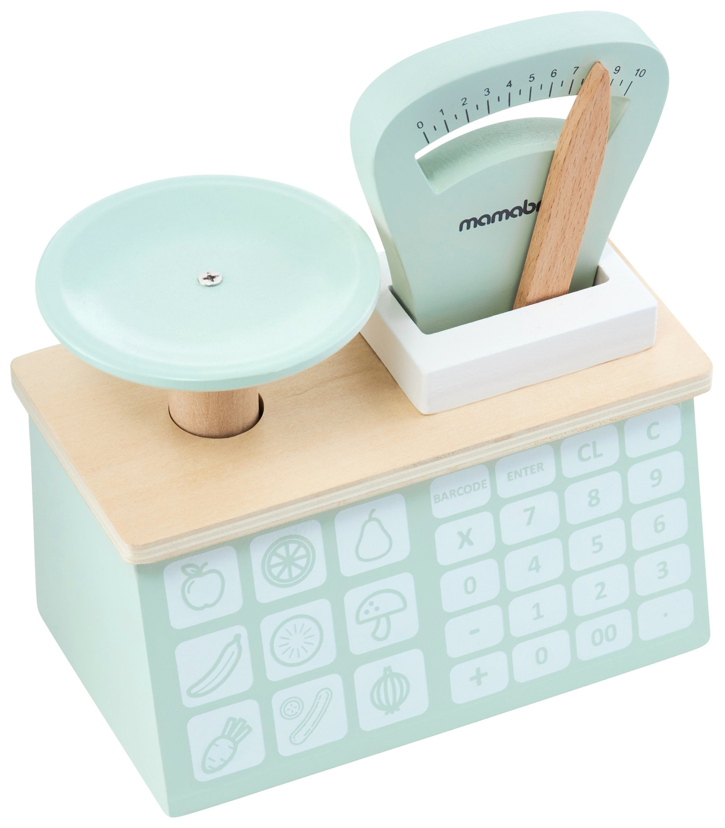 Suur puust kauplus - kiosk ja teater 2 in 1 koos kaaluga, makseterminal, puu- ja köögiviljadega