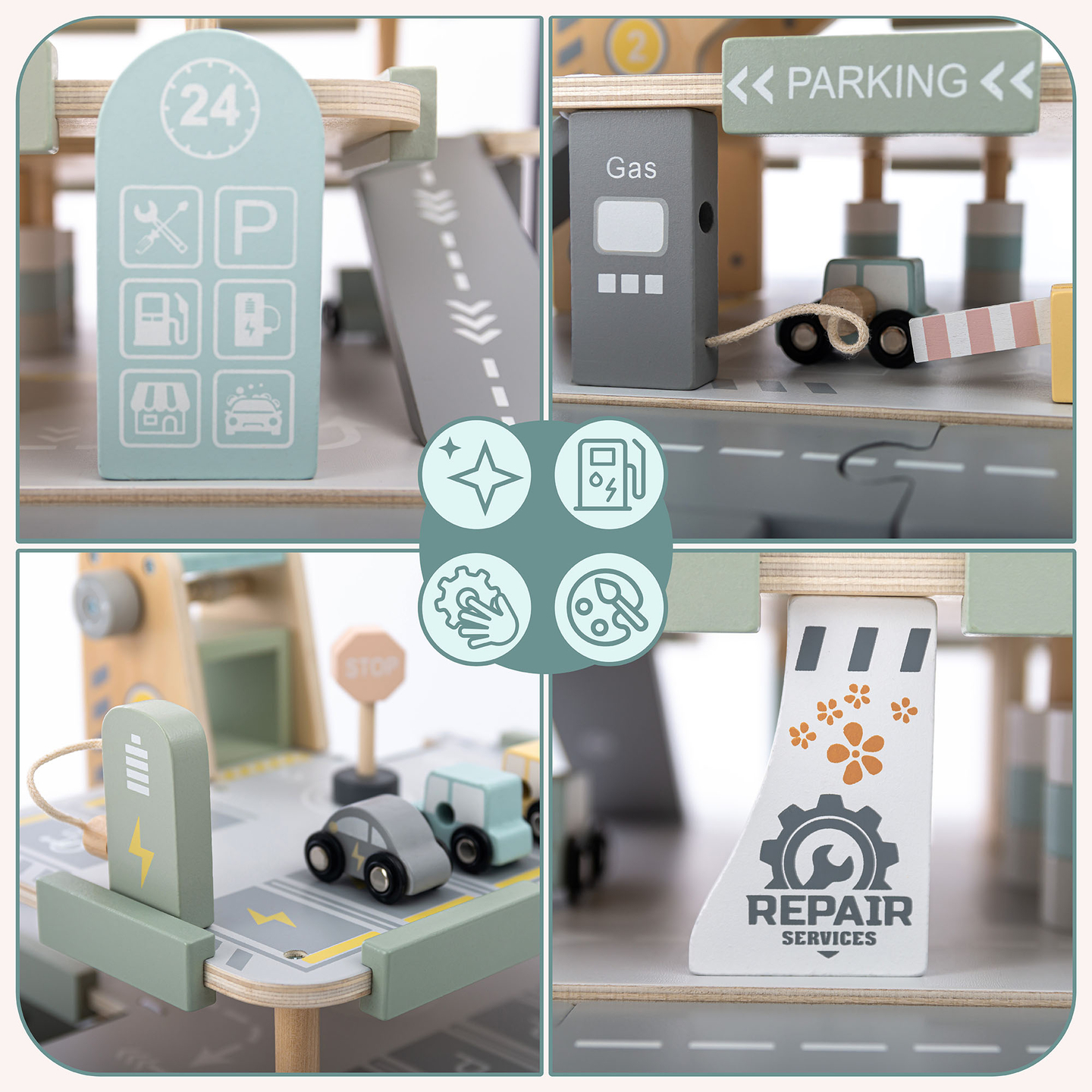 Puidust kolmekorruseline lastega garaaž koos lisatarvikutega – parkla, bensiinijaam, autopesula, helikopter