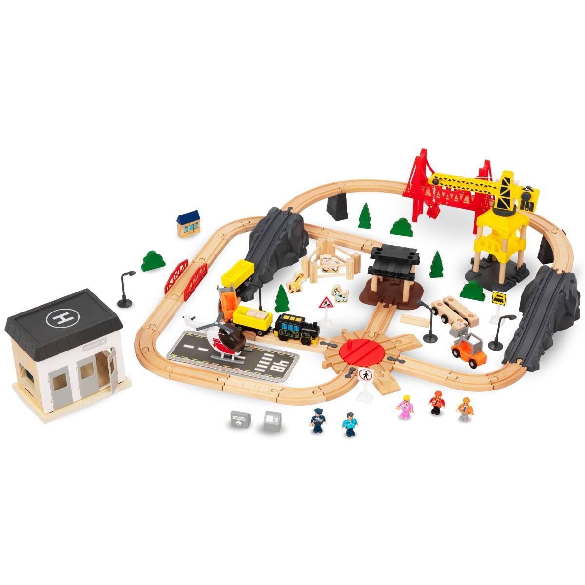 Puidust raudtee, akuga rong - Linn: rööpad, autod, sild, lennujaam