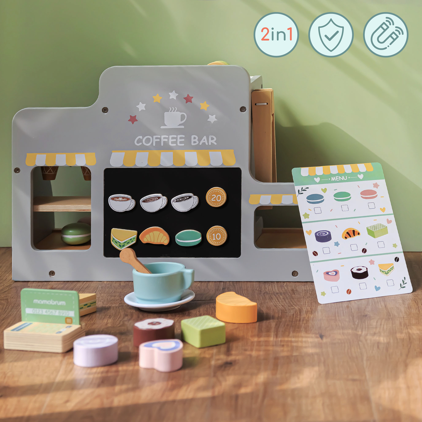 Suur puidust jäätisekohvik koos magnetlaua, kohvimasinaga ning jäätise- ja magustoidukomplektiga - üle 70 tüki!