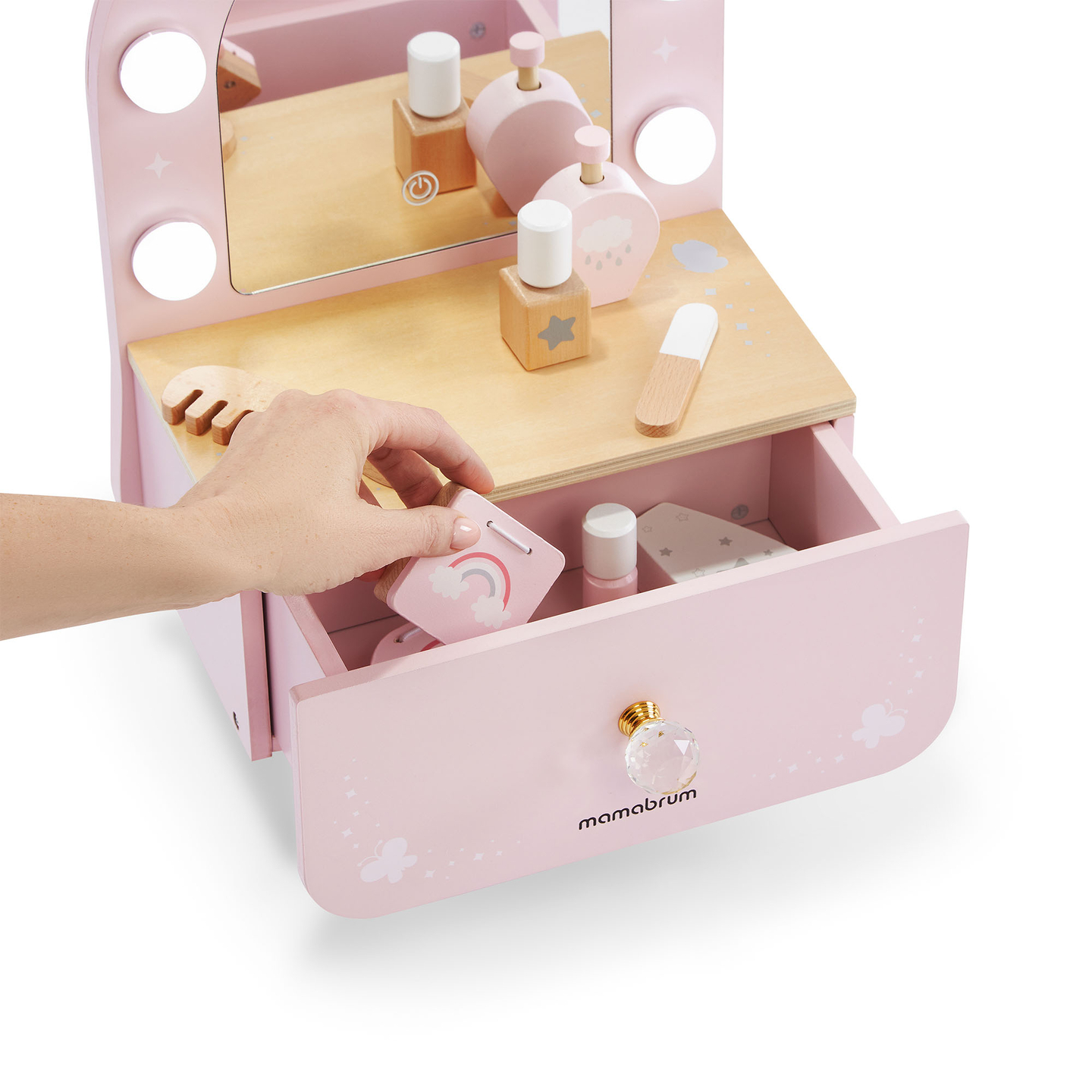 Puidust mini tualettlaud lastele aksessuaaride ja sujuva heleduse reguleerimisega LED-valgustusega