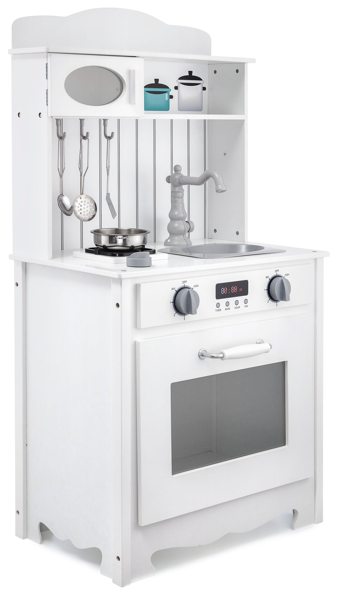 Valge puidust köök koos esiliistu, aksessuaaride ja LED-lambiga