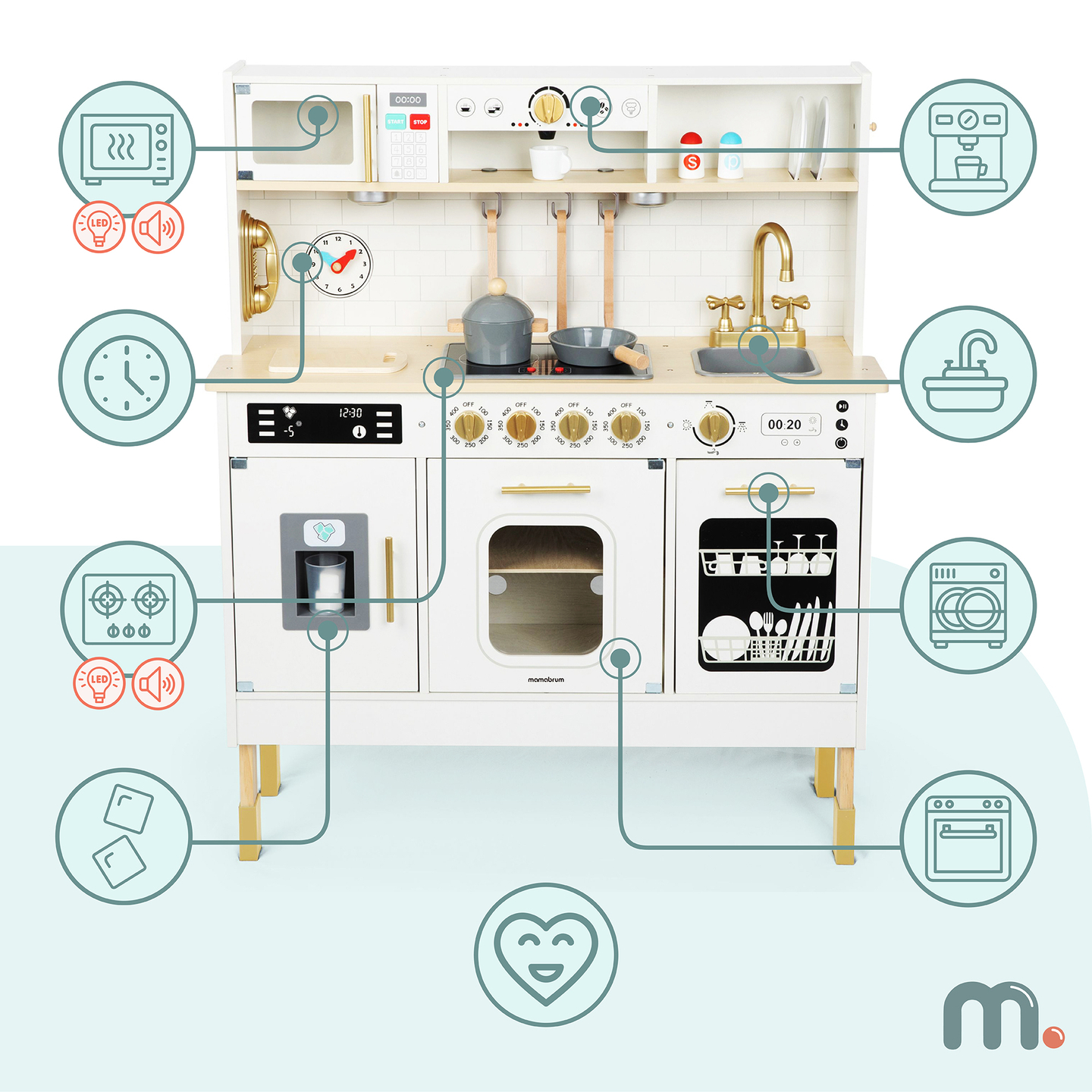 Interaktiivne XXL puidust köök koos tarvikute ja LED valgustusega - kahetasandiline