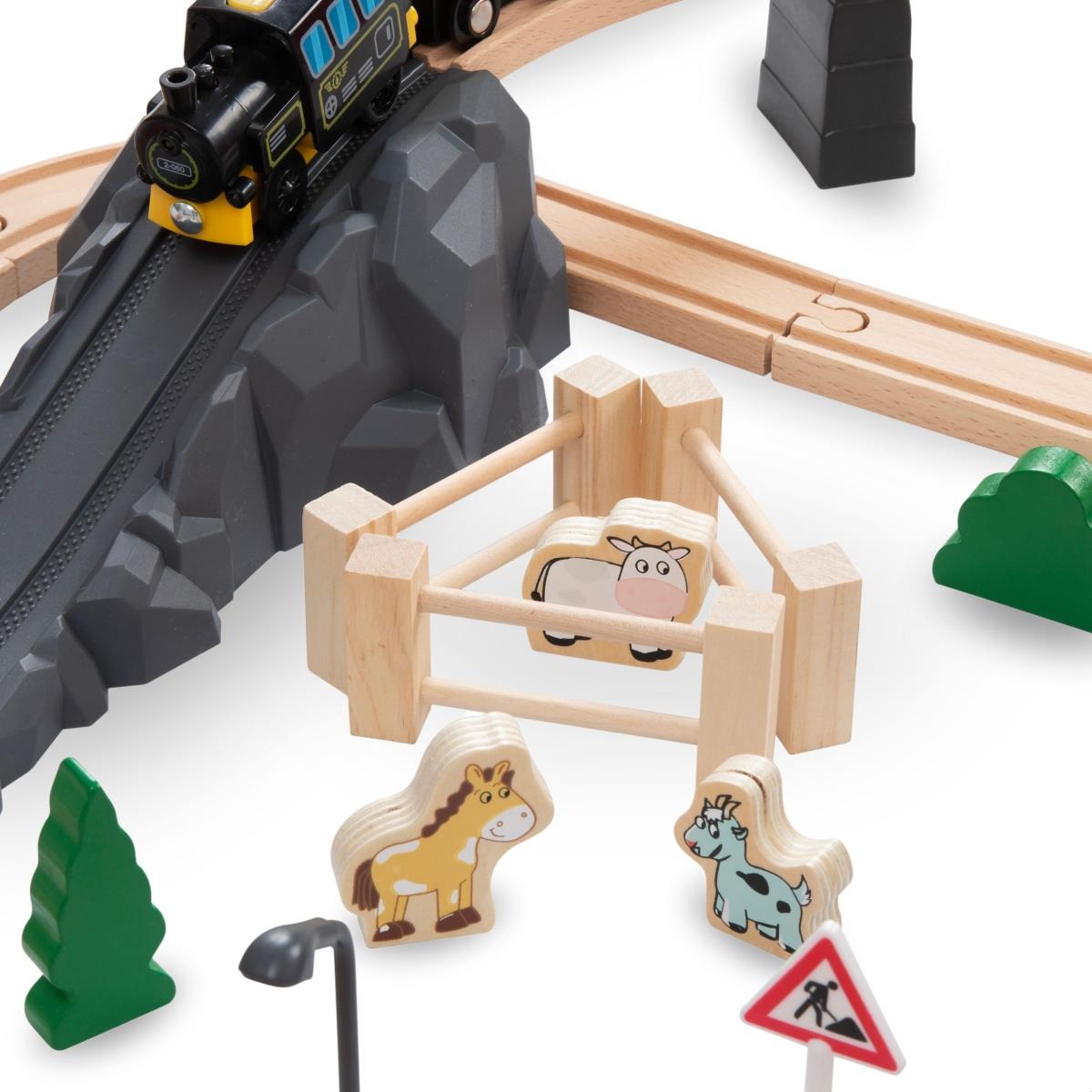 Puidust raudtee, akuga rong - Linn: rööpad, autod, sild, lennujaam