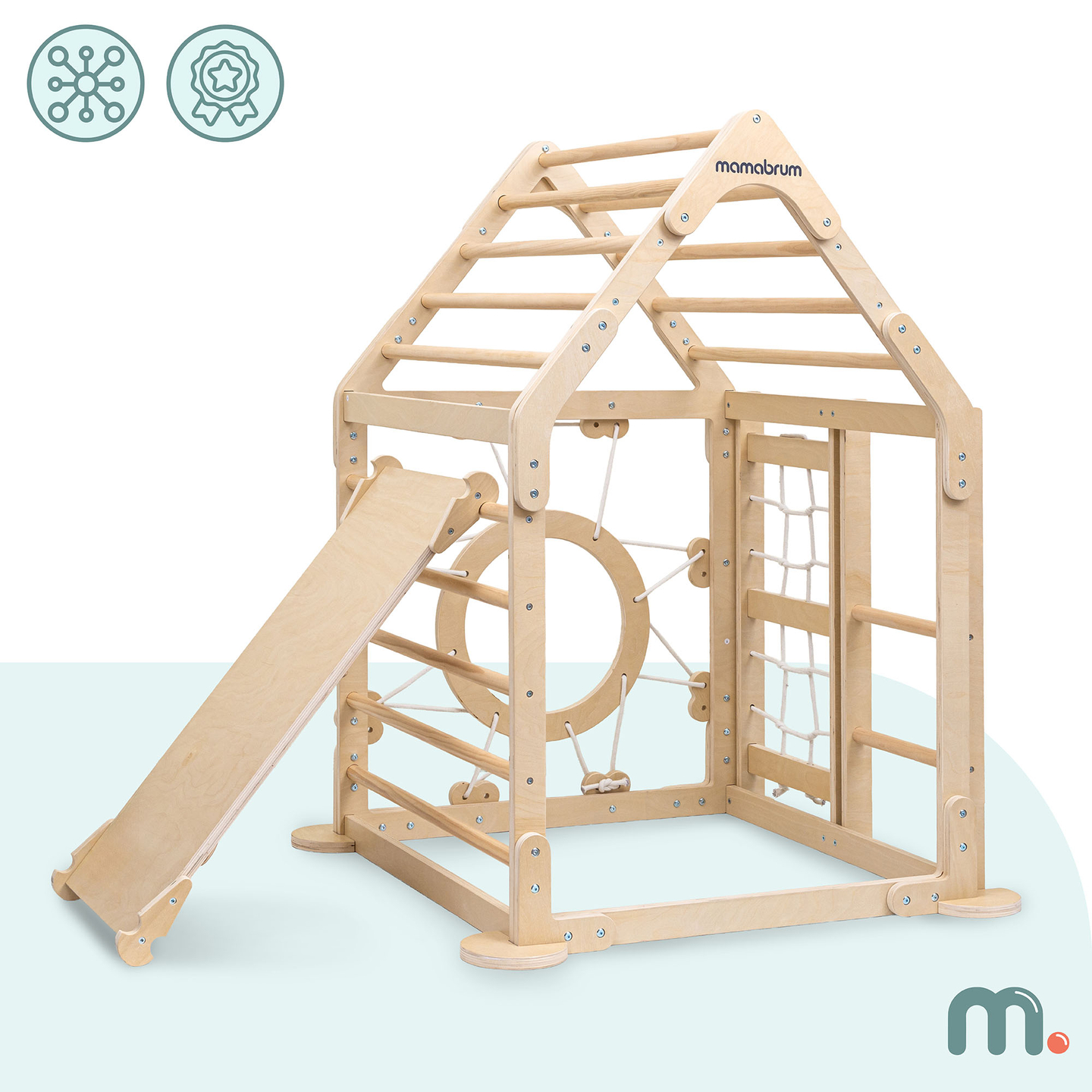 Puidust sisemänguväljak lastele - maja redelitega ja liumäega