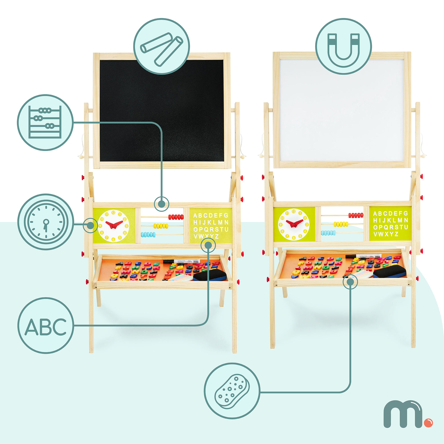 Suur kahepoolne hariduslik tahvel: magnet- ja kriiditahvel - kuivalt kustutatav tahvel, puidust
