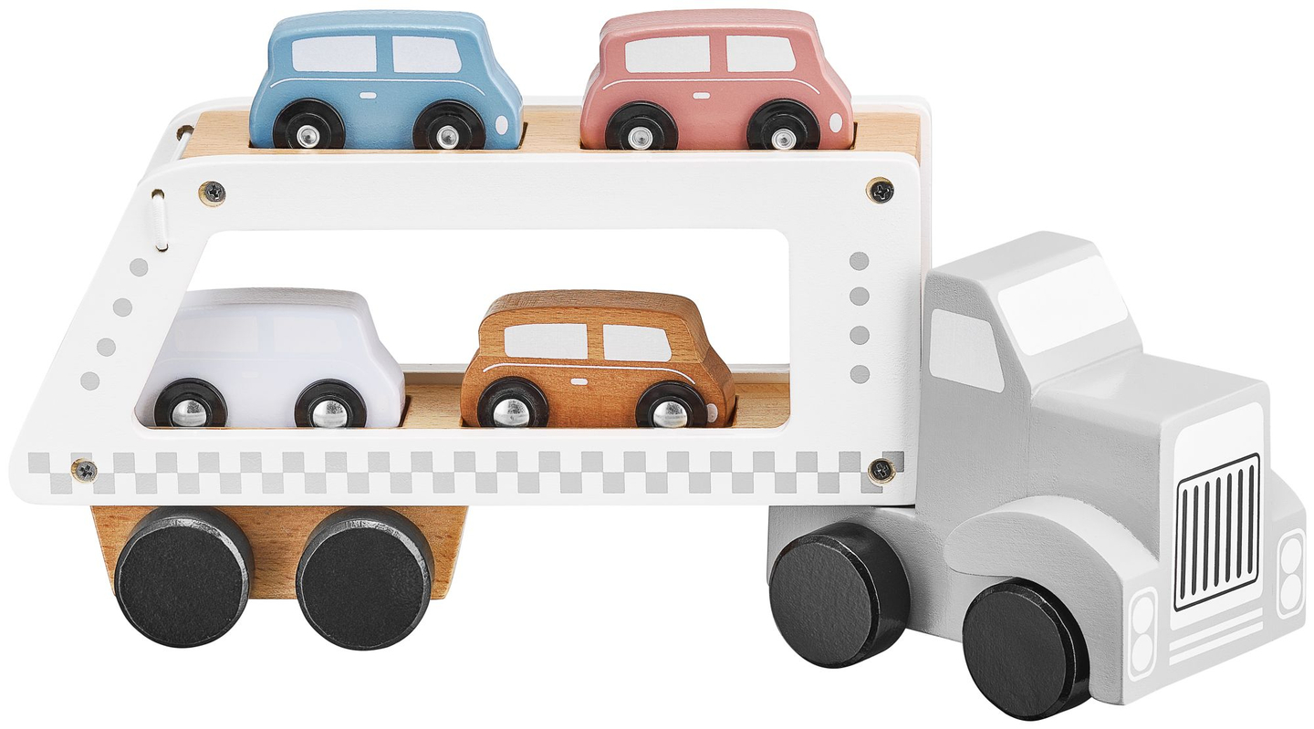Puidust veoauto haagis koos 4 autoga